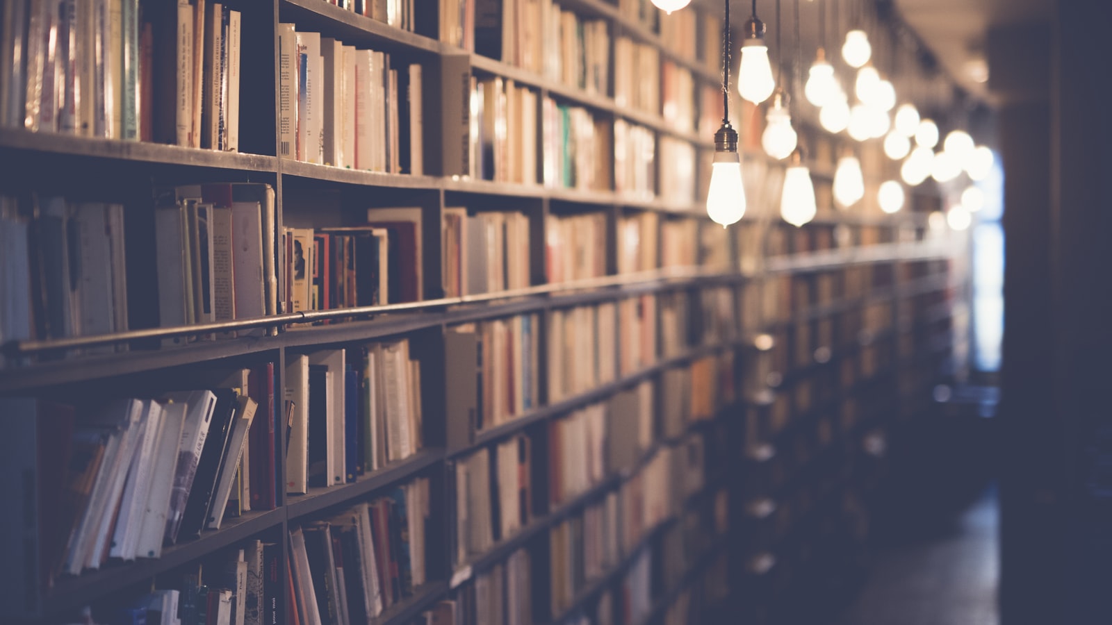 Biblioteca con estantes de libros iluminados