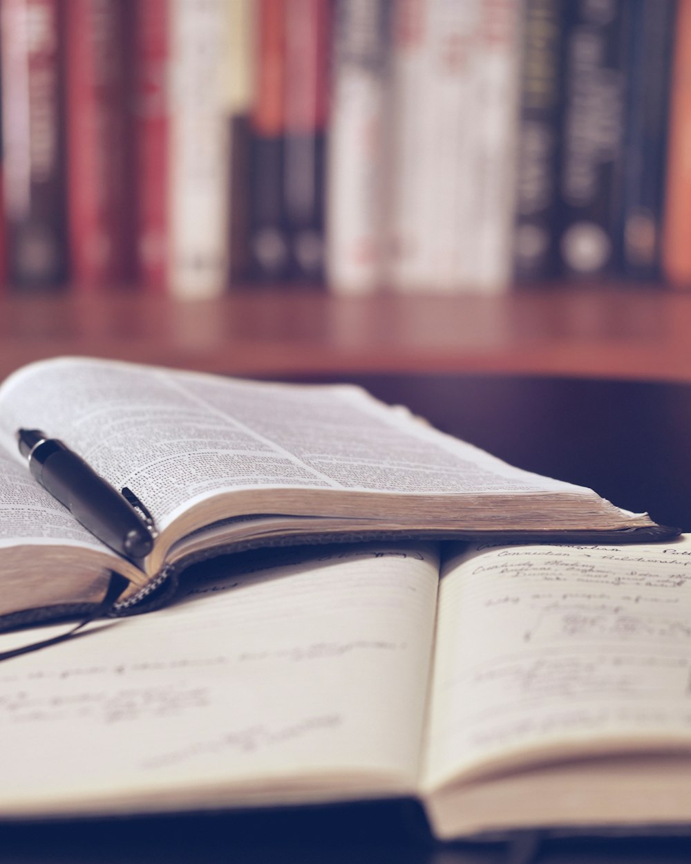 Escritorio con cuaderno, apuntes y una lapicera durante una sesión de mentoría de tesis